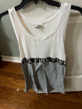 Victoria's Secret White and Gray Sequin-Trim Tank